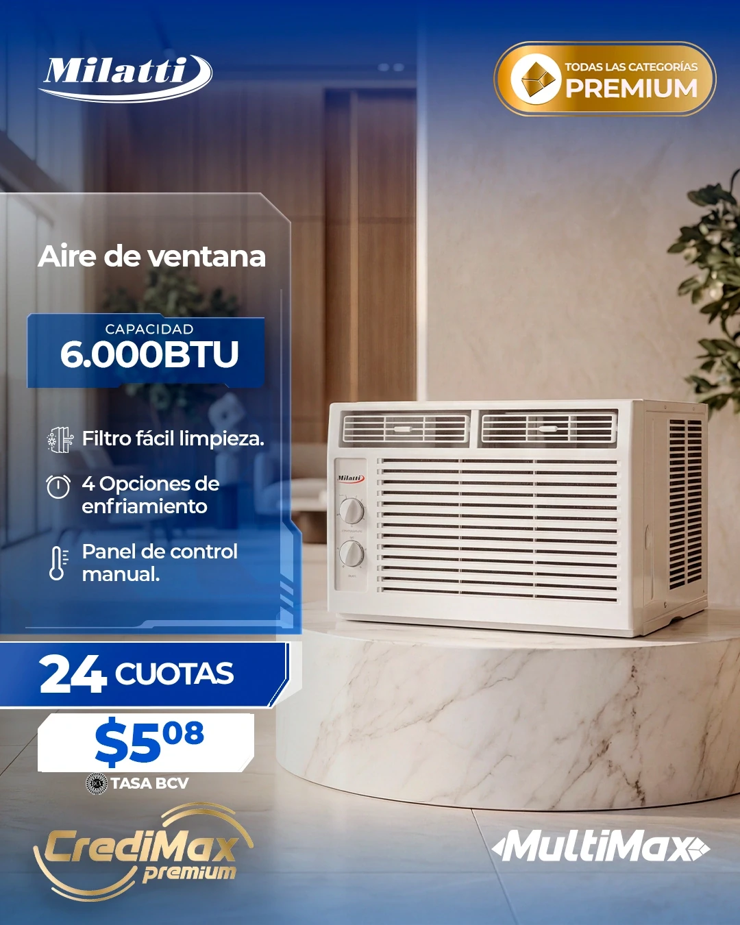Información CrediMax: Aire de ventana analógico 6000BTU Milatti