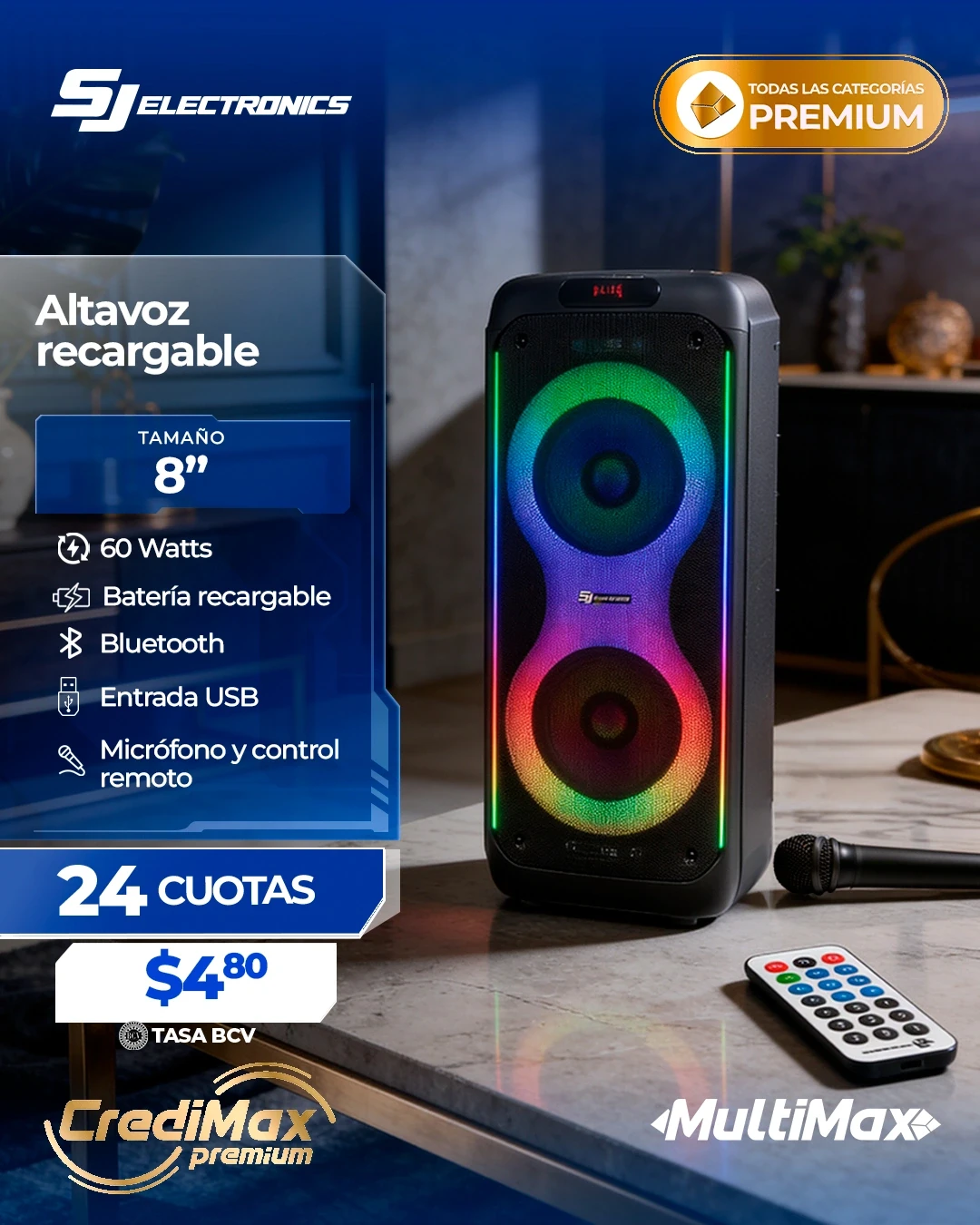 Información CrediMax: Altavoz recargable 8" de 60 Watts