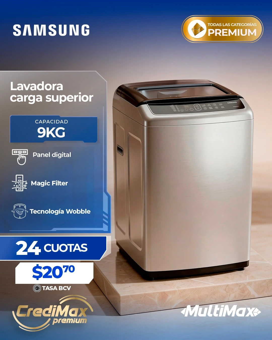 Información CrediMax: Lavadora carga superior gris Samsung 9Kg
