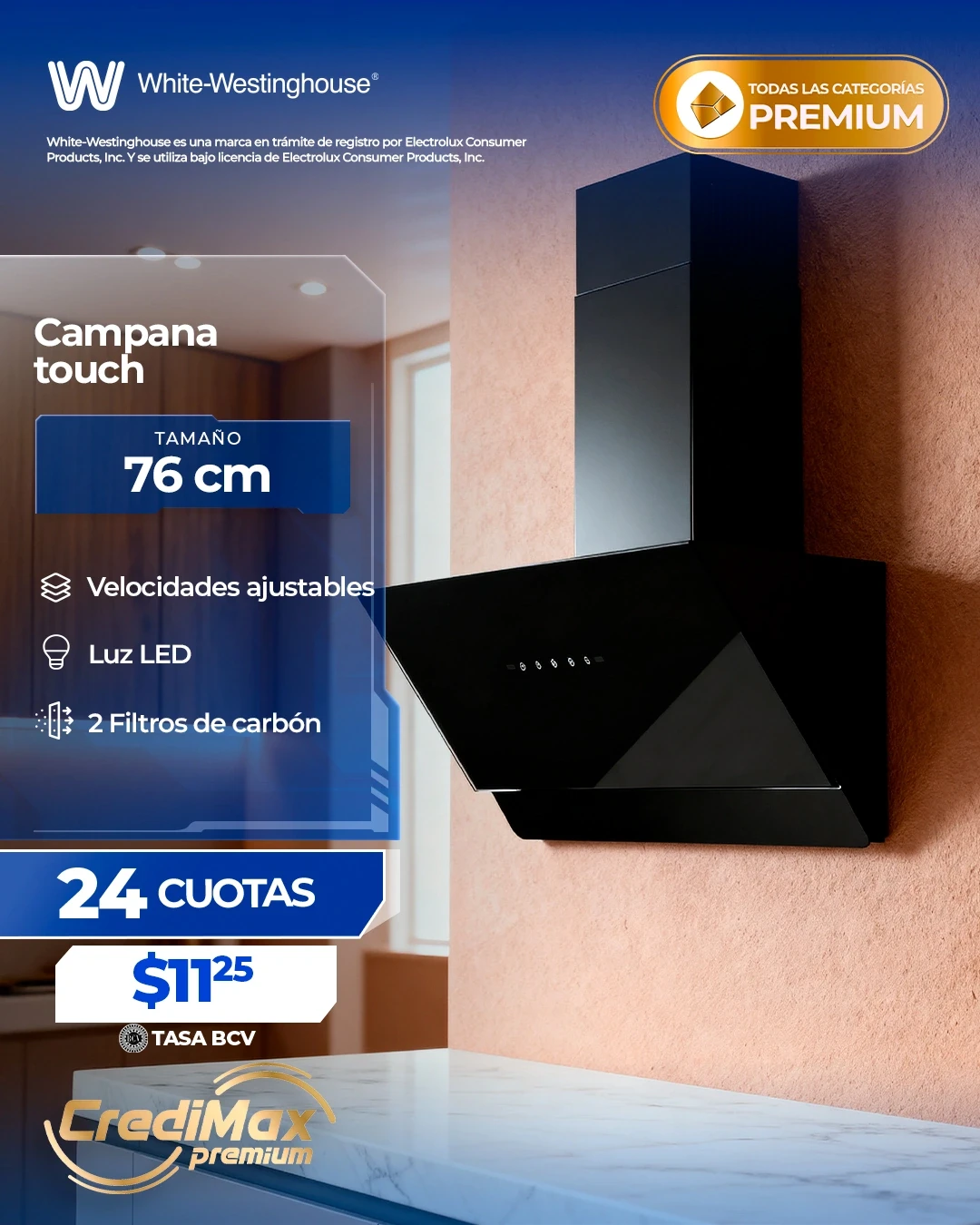 Información CrediMax: Campana touch vidrio 76cm White-Westinghouse negro