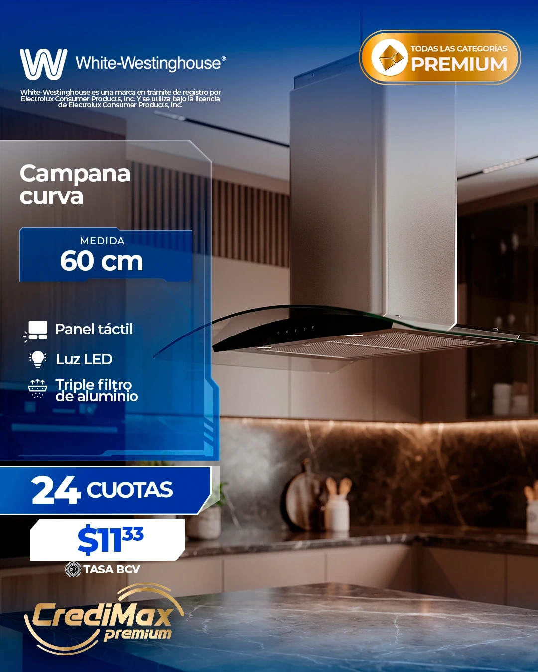 Información CrediMax: Campana curva 76cm White Westinghouse acero