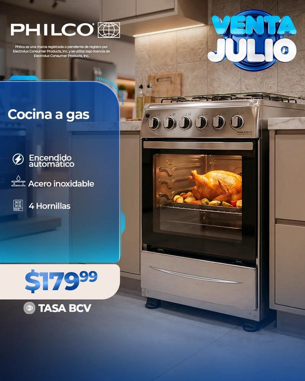 Cocina a gas 4 hornillas acero Philco